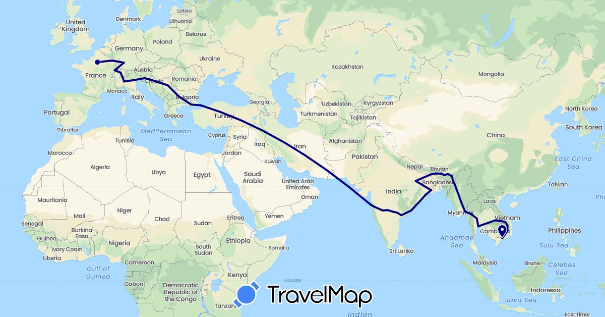 TravelMap itinerary: driving in Bulgaria, Switzerland, Germany, France, Croatia, India, Italy, Laos, Myanmar (Burma), Serbia, Slovenia, Thailand, Turkey, Vietnam (Asia, Europe)